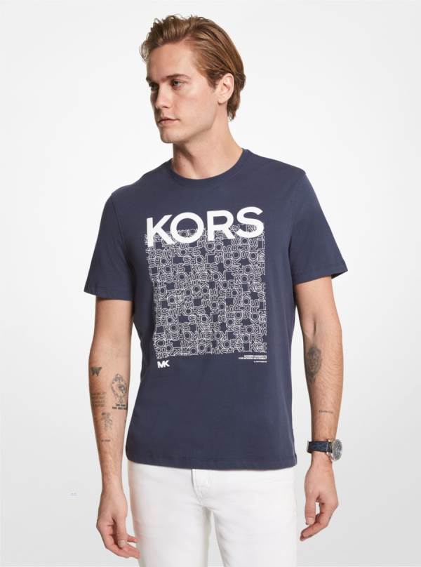 Panske Tricko Michael Kors Newsprint Logo Cotton Indigo - Oblecenie Michael Kors Slevy | VISWG-4870